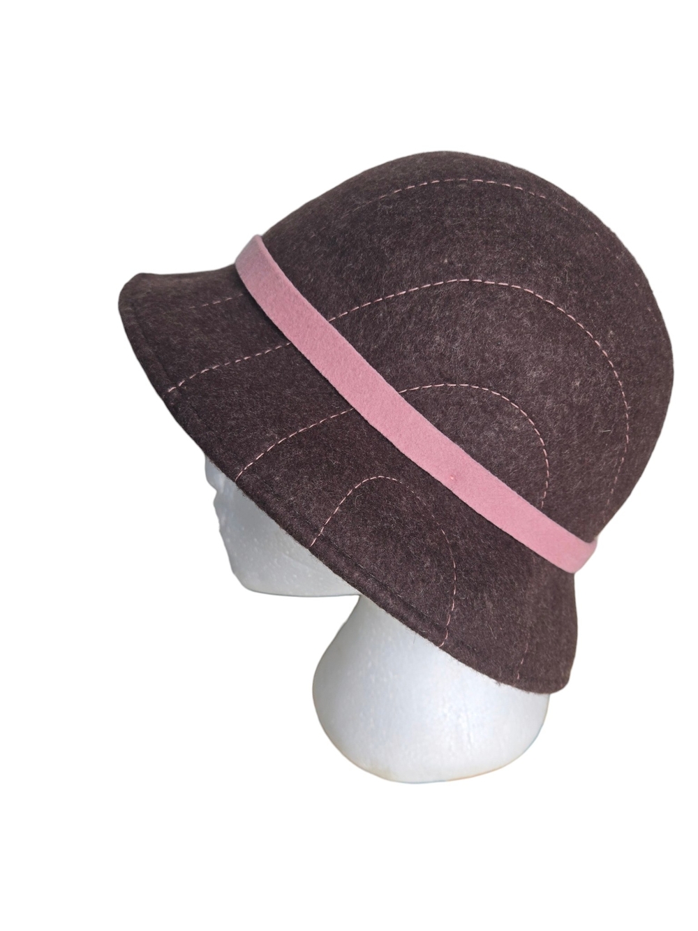 Charter Club Wool Cloche Hat Brown Pink Stitched Felt Bucket Chain Vintage Italy